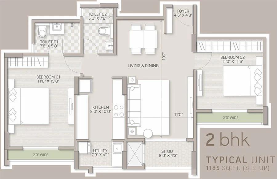 Orchid Salisbury 2 BHK floor plan, about 1,185 sq ft
