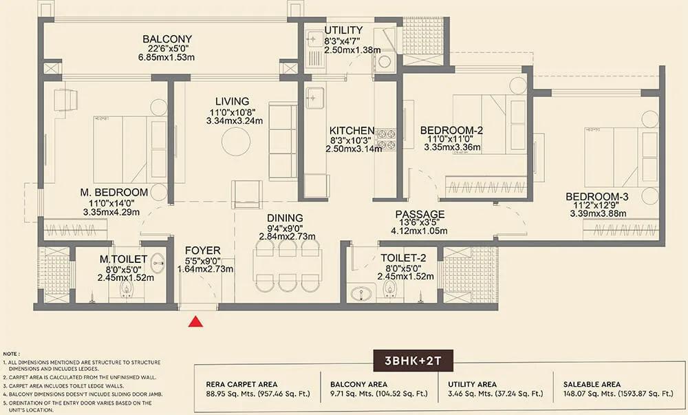 Godrej Aveline 3 BHK floor plan, about 1,593 sq ft