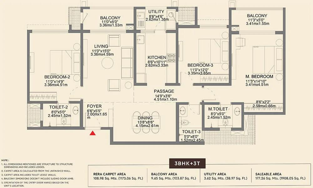 Godrej Aveline 3 BHK floor plan, about 1,908 sq ft