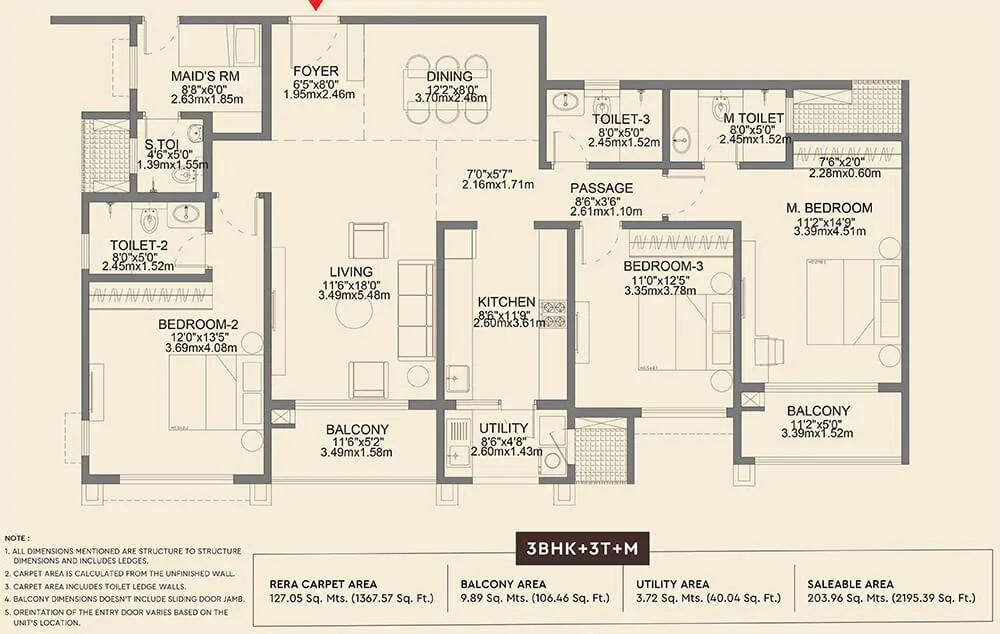 Godrej Aveline 3 BHK floor plan, about 2,195 sq ft