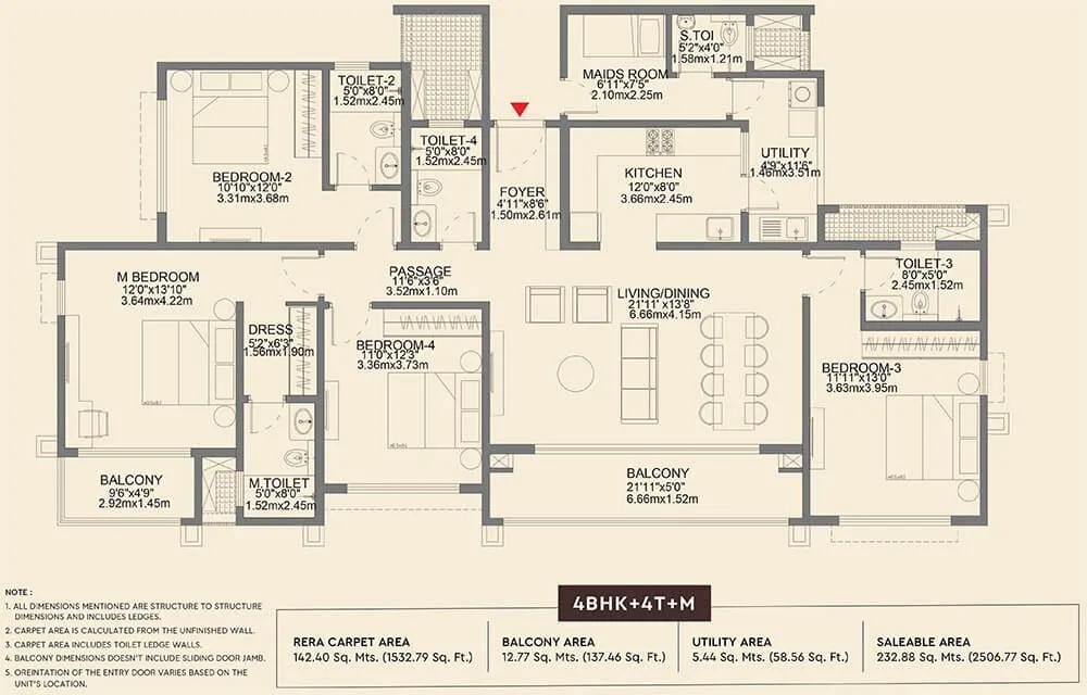 Godrej Aveline 4 BHK floor plan, about 2,506 sq ft