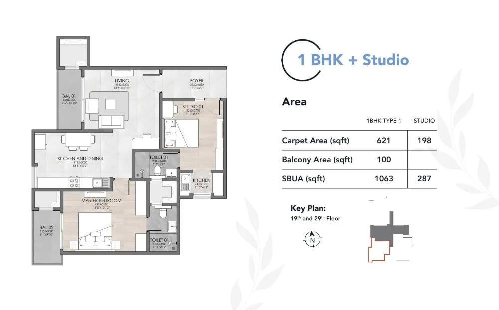 Suyug The 1 Residences 1 BHK floor plan, about 1,063 sq ft