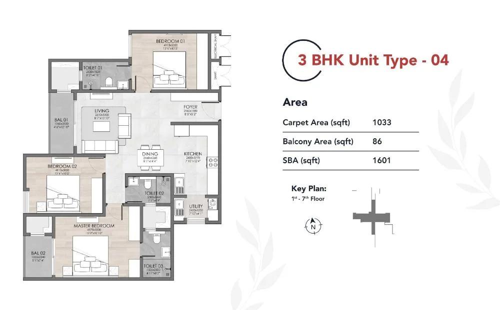 Suyug The 1 Residences 3 BHK floor plan, about 1,601 sq ft