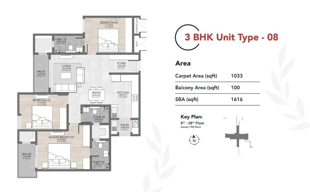 Suyug The 1 Residences 3 BHK floor plan, about 1,616 sq ft