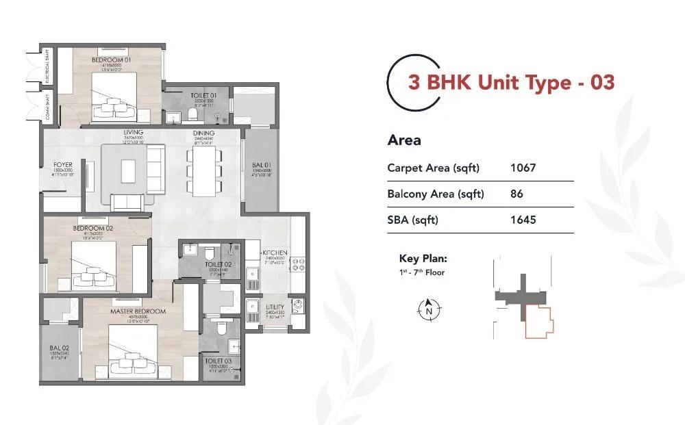 Suyug The 1 Residences 3 BHK floor plan, about 1,645 sq ft