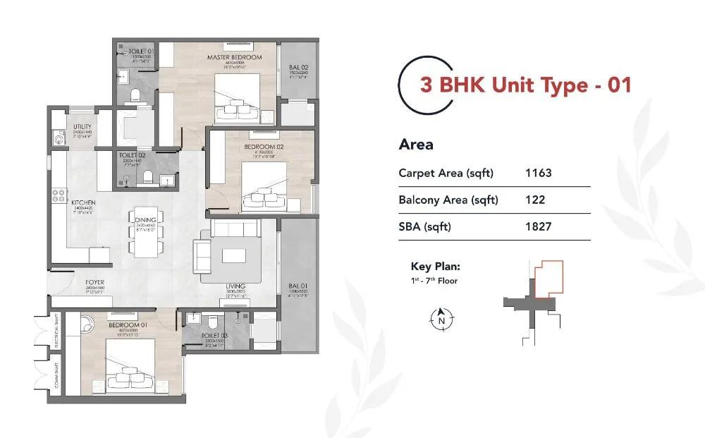 Suyug The 1 Residences 3 BHK floor plan, about 1,827 sq ft