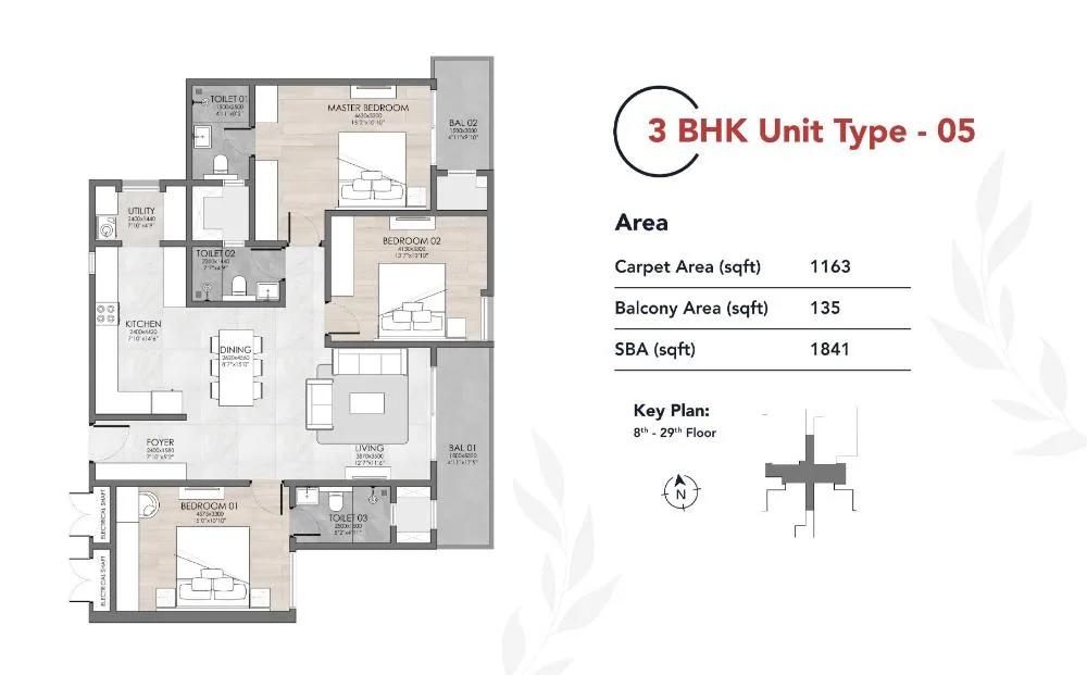 Suyug The 1 Residences 3 BHK floor plan, about 1,841 sq ft