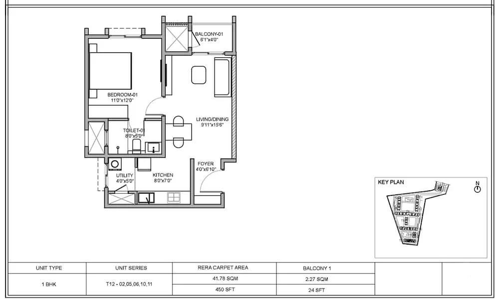 Birla Evara 1 BHK floor plan, about 450 sq ft