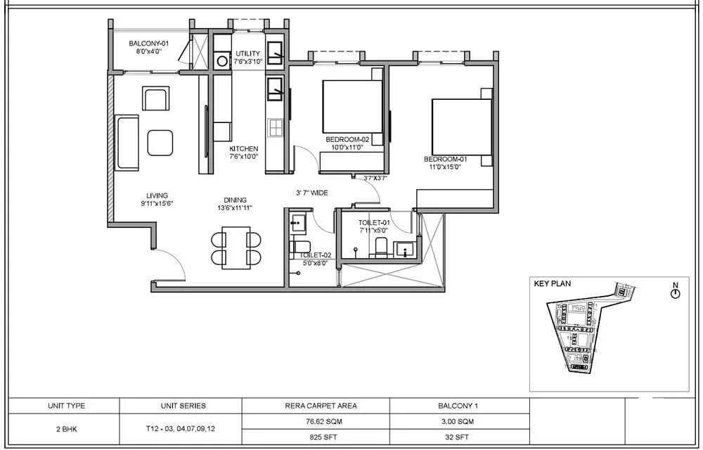 Birla Evara 2 BHK floor plan, about 825 sq ft