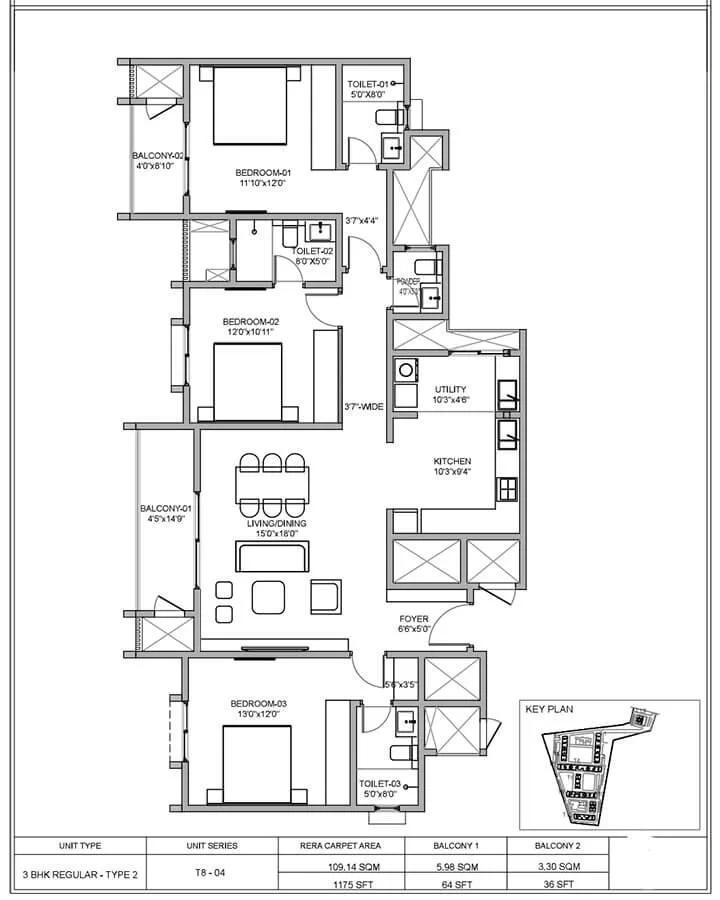Birla Evara 3 BHK floor plan, about 1,175 sq ft
