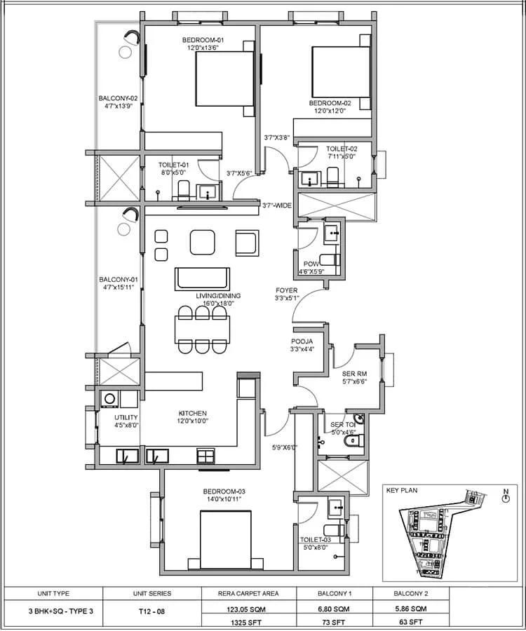 Birla Evara 3 BHK floor plan, about 1,325 sq ft