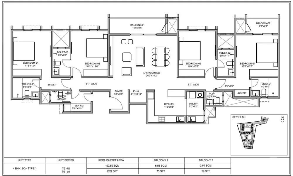 Birla Evara 4 BHK floor plan, about 1,622 sq ft