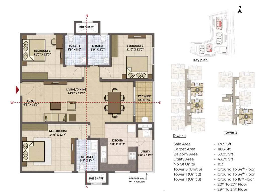 Prestige Tranquil 3 BHK floor plan, about 1,769 sq ft