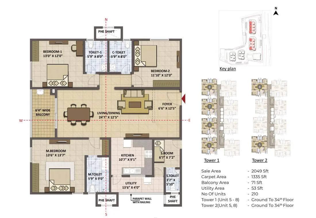 Prestige Tranquil 3.5 BHK floor plan, about 2,049 sq ft