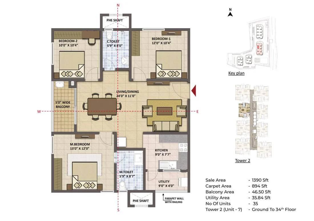 Prestige Tranquil 3 BHK floor plan, about 1,390 sq ft