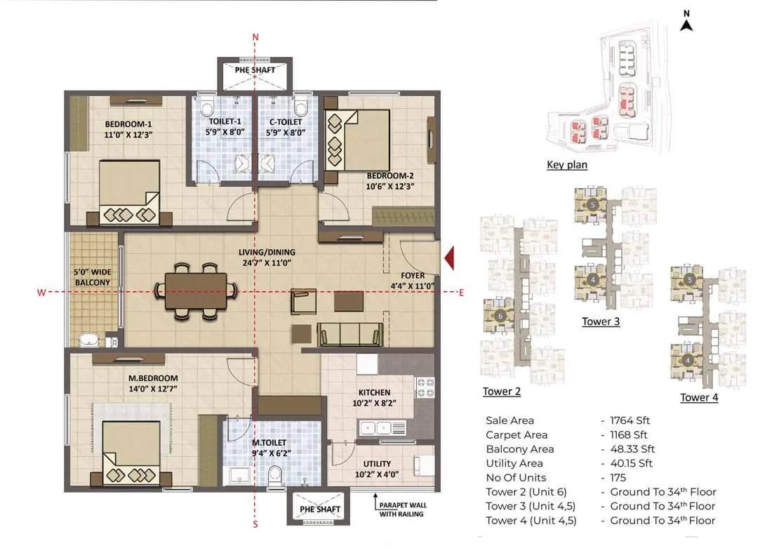 Prestige Tranquil 3 BHK floor plan, about 1,764 sq ft