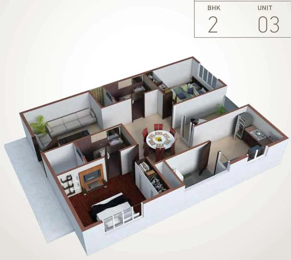 Pacifica HillCrest 2 BHK floor plan, about 1,273 sq ft