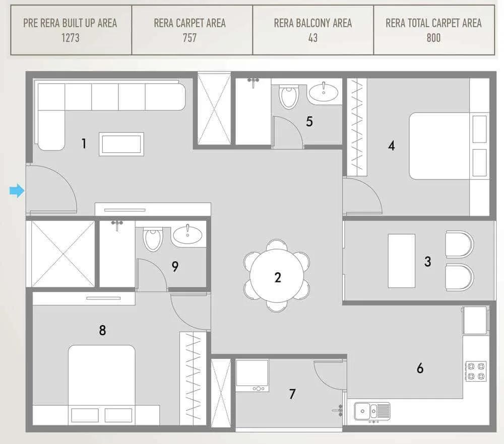 Pacifica HillCrest 2 BHK floor plan, about 1,273 sq ft