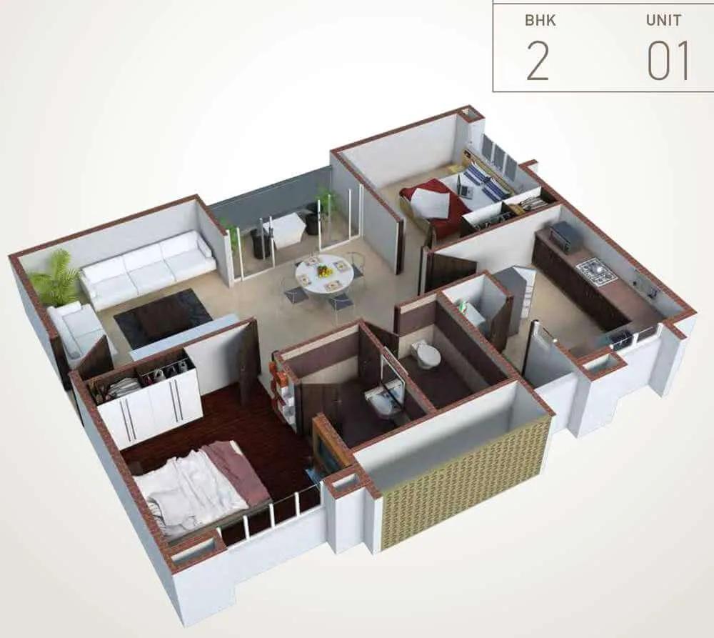 Pacifica HillCrest 2 BHK floor plan, about 1,282 sq ft
