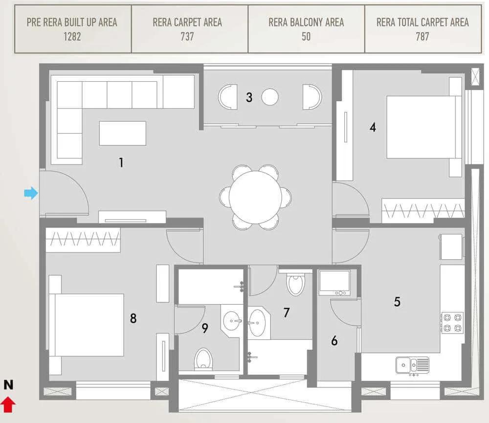 Pacifica HillCrest 2 BHK floor plan, about 1,282 sq ft