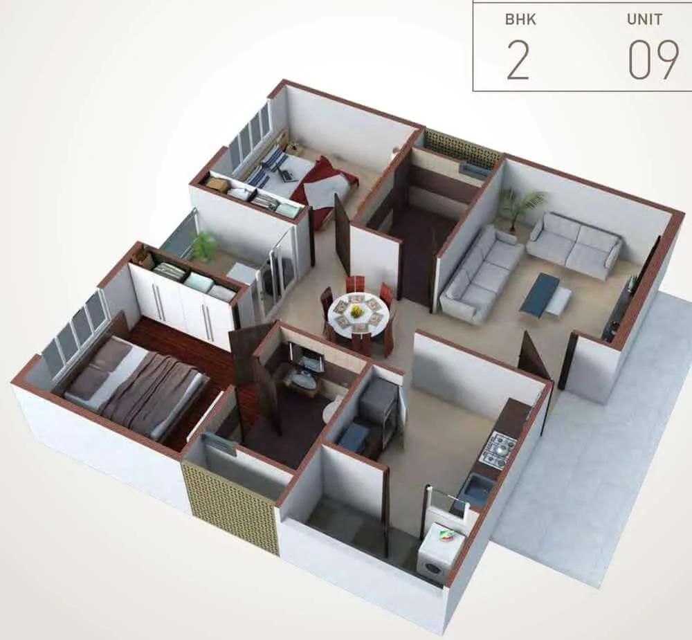 Pacifica HillCrest 2 BHK floor plan, about 1,290 sq ft
