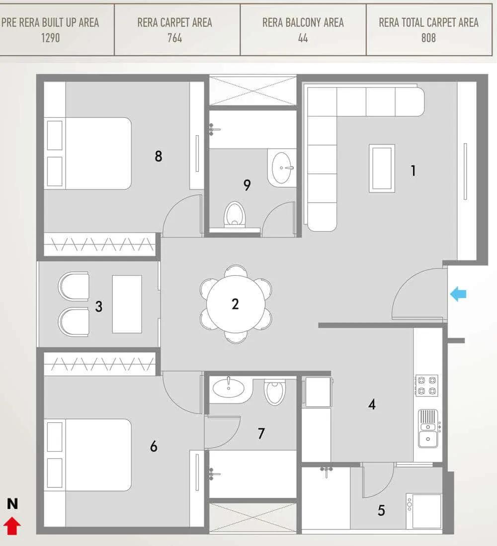 Pacifica HillCrest 2 BHK floor plan, about 1,290 sq ft