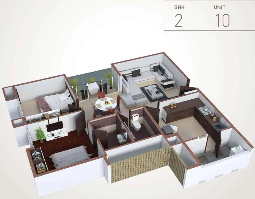 Pacifica HillCrest 2 BHK floor plan, about 1,364 sq ft