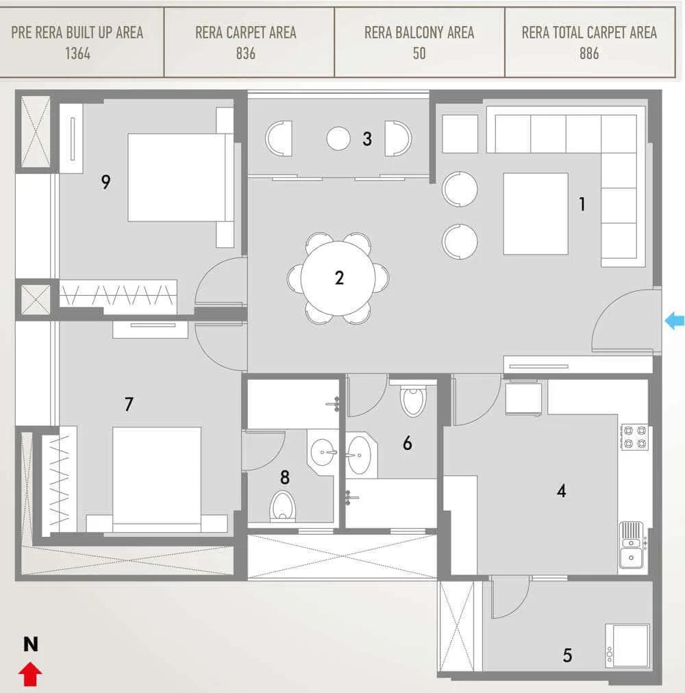 Pacifica HillCrest 2 BHK floor plan, about 1,364 sq ft