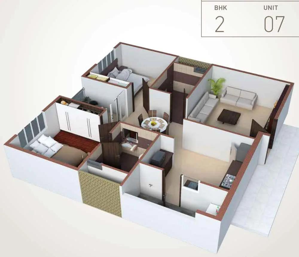 Pacifica HillCrest 2 BHK floor plan, about 1,382 sq ft