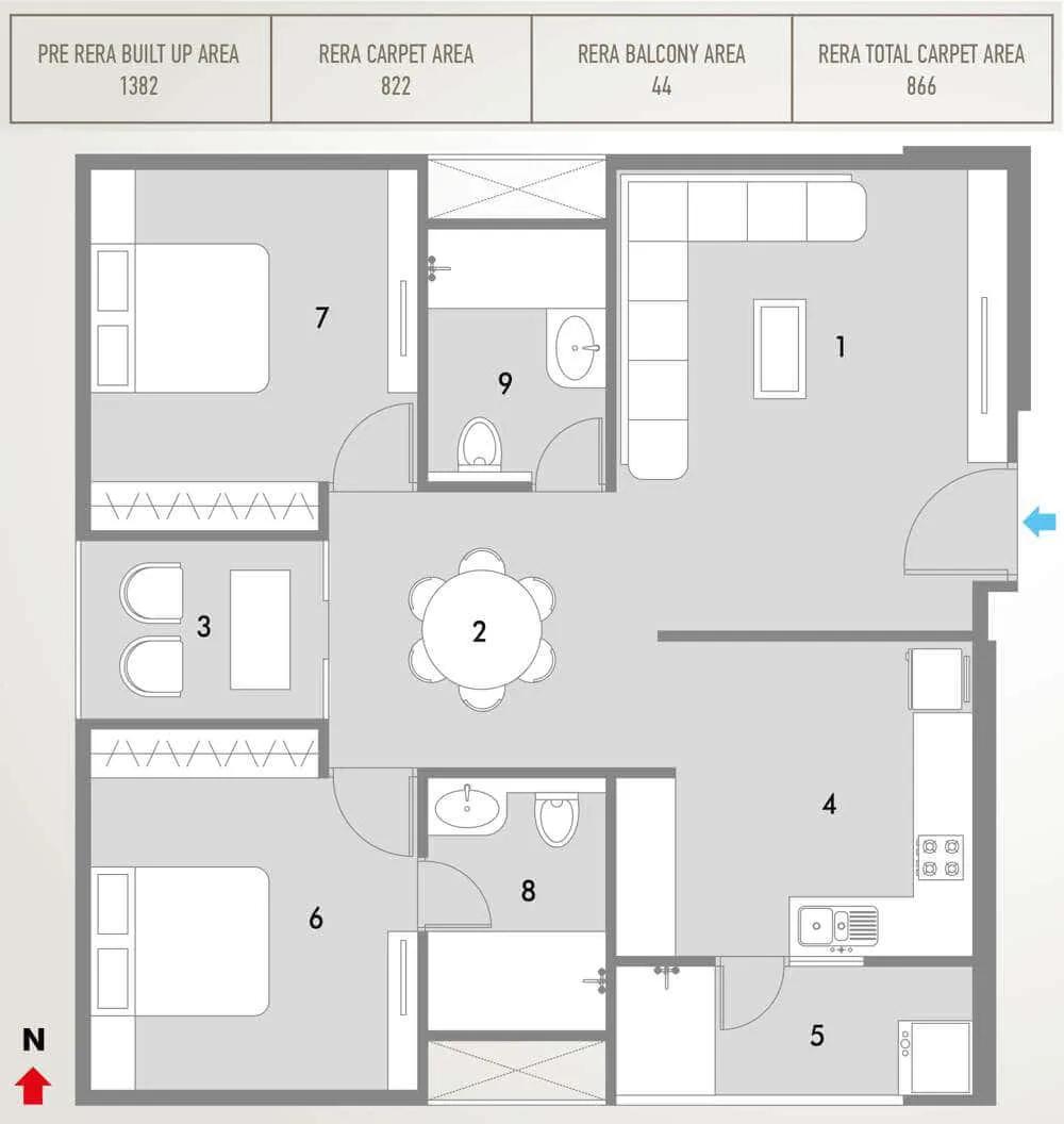 Pacifica HillCrest 2 BHK floor plan, about 1,382 sq ft
