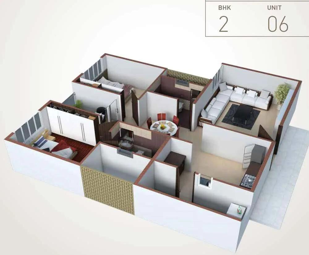 Pacifica HillCrest 2 BHK floor plan, about 1,424 sq ft