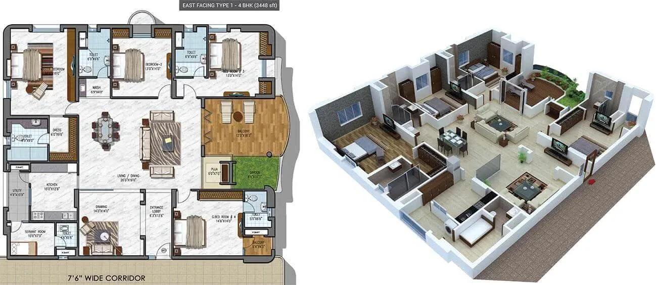 NCC Urban Gardenia 4 BHK floor plan, about 3,448 sq ft