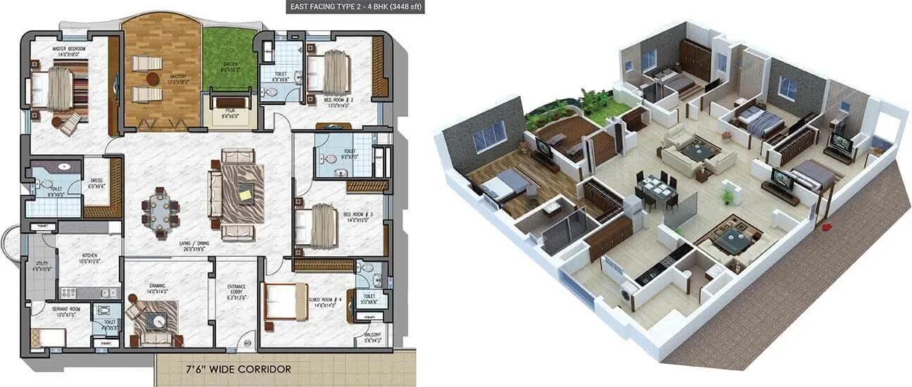 NCC Urban Gardenia 4 BHK floor plan, about 3,448 sq ft