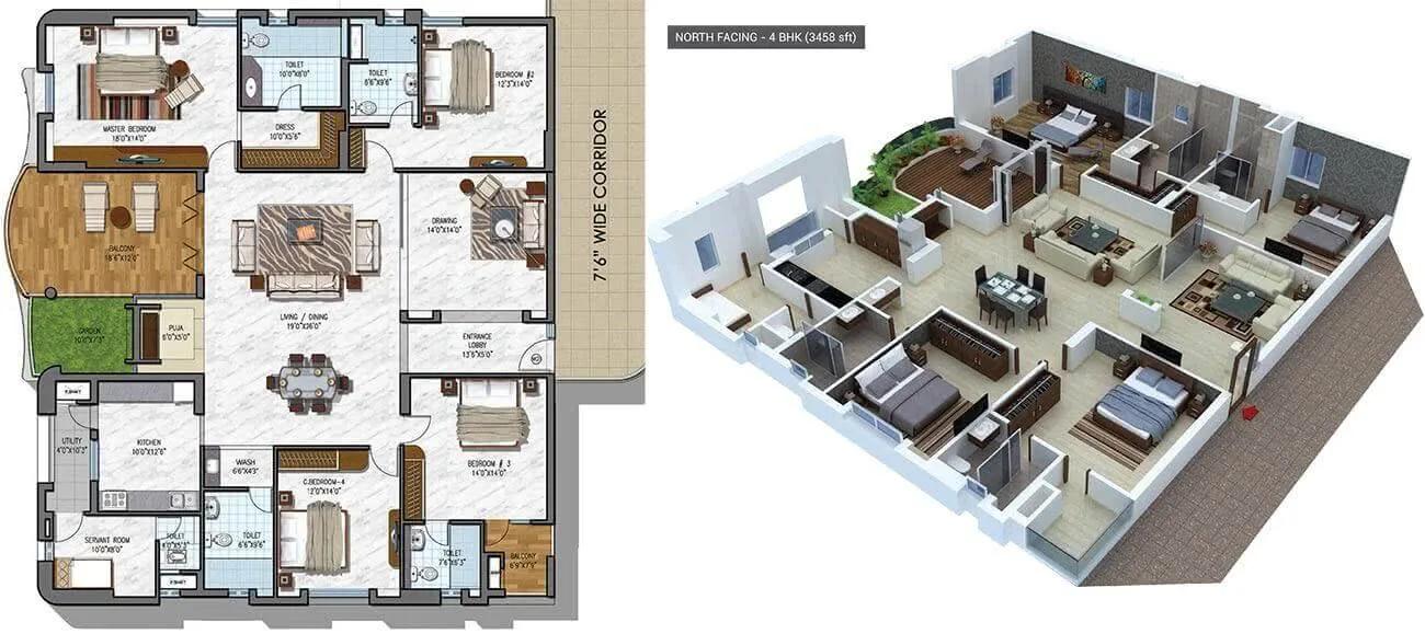 NCC Urban Gardenia 4 BHK floor plan, about 3,458 sq ft