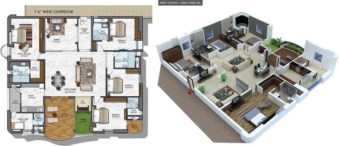 NCC Urban Gardenia 4 BHK floor plan, about 3,480 sq ft