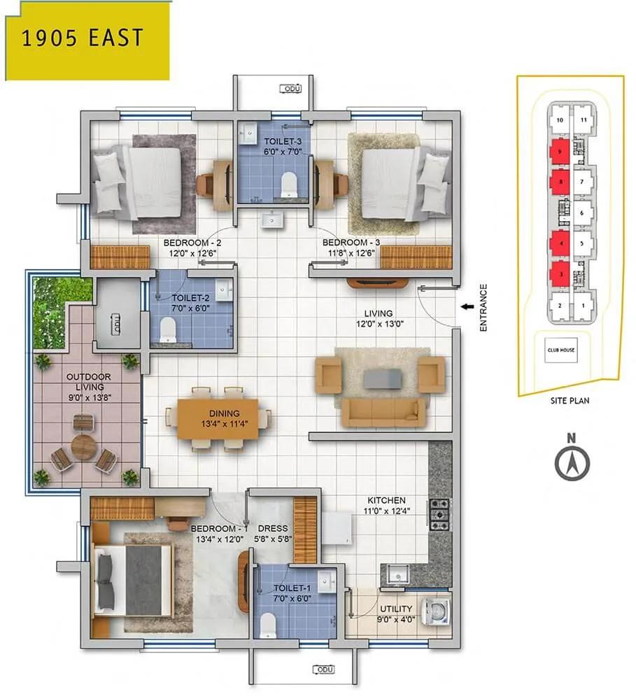 ASBL Spire 3 BHK floor plan, about 1,905 sq ft