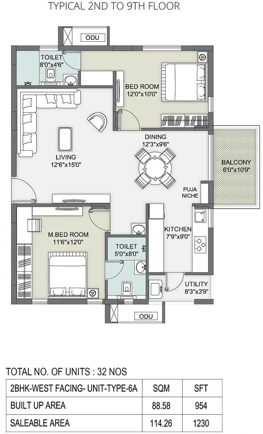 Ambience Courtyard 2 BHK floor plan, about 1,230 sq ft