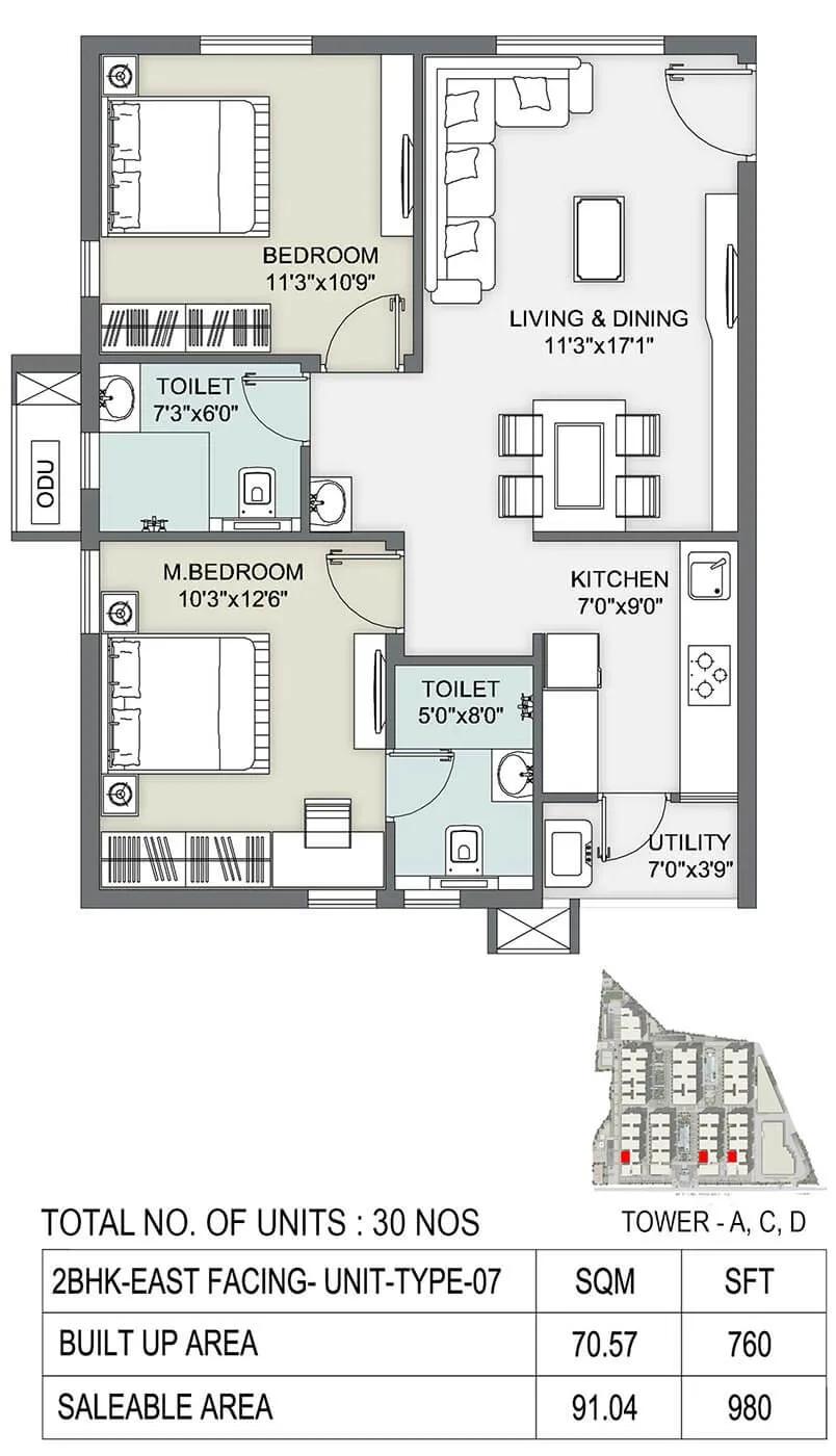 Ambience Courtyard 2 BHK floor plan, about 980 sq ft