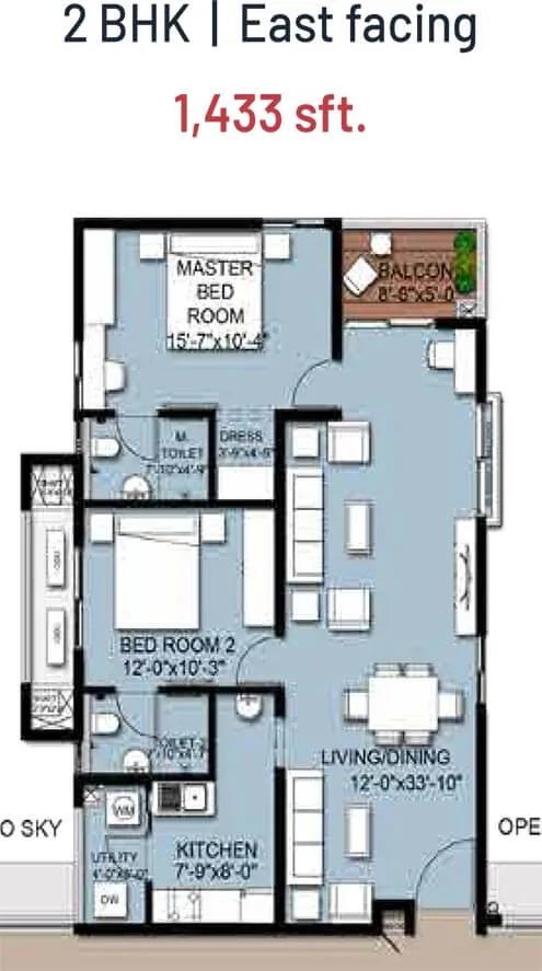 INDIS VIVA City 2 BHK floor plan, about 1,433 sq ft