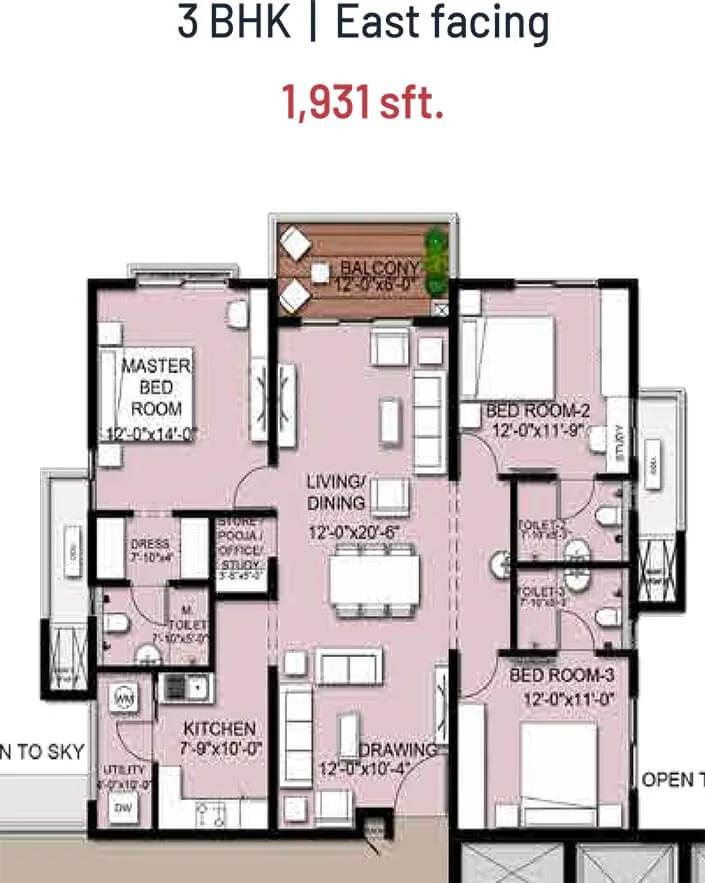 INDIS VIVA City 3 BHK floor plan, about 1,931 sq ft