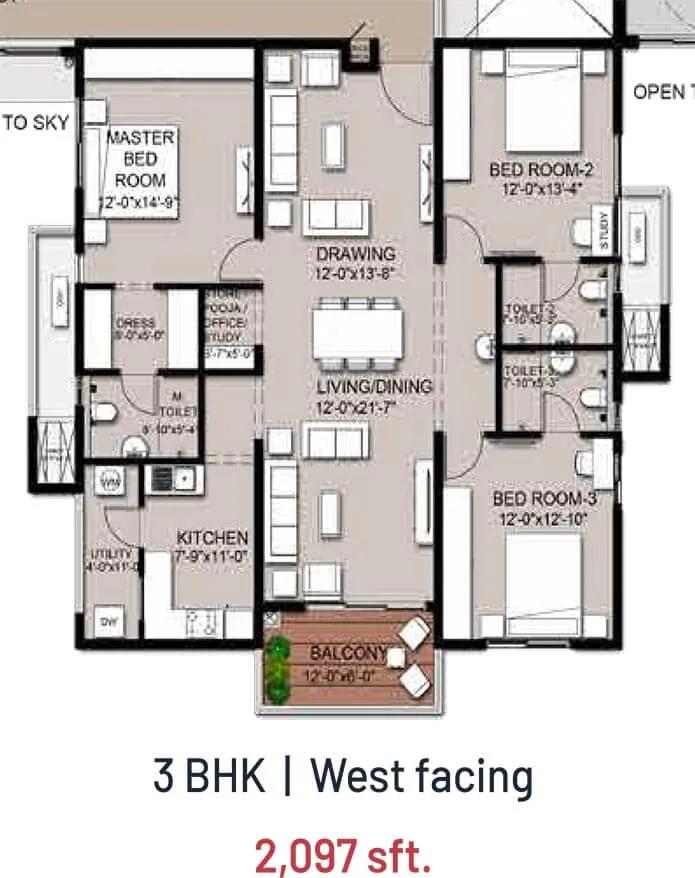 INDIS VIVA City 3 BHK floor plan, about 2,097 sq ft