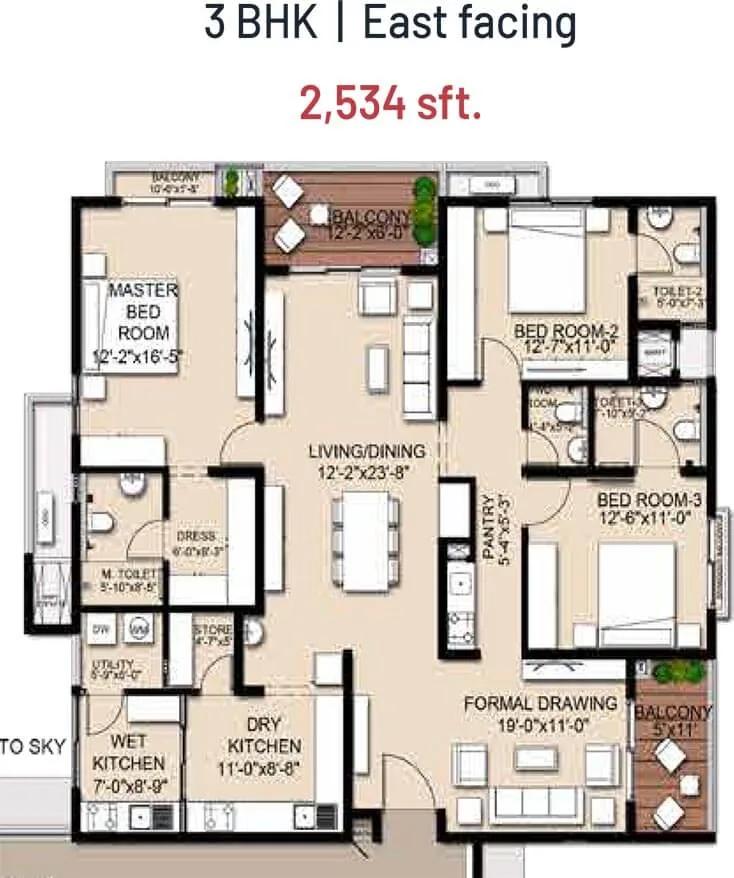 INDIS VIVA City 3 BHK floor plan, about 2,534 sq ft