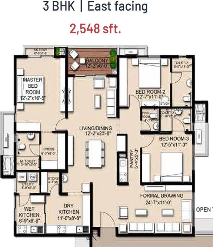 INDIS VIVA City 3 BHK floor plan, about 2,548 sq ft