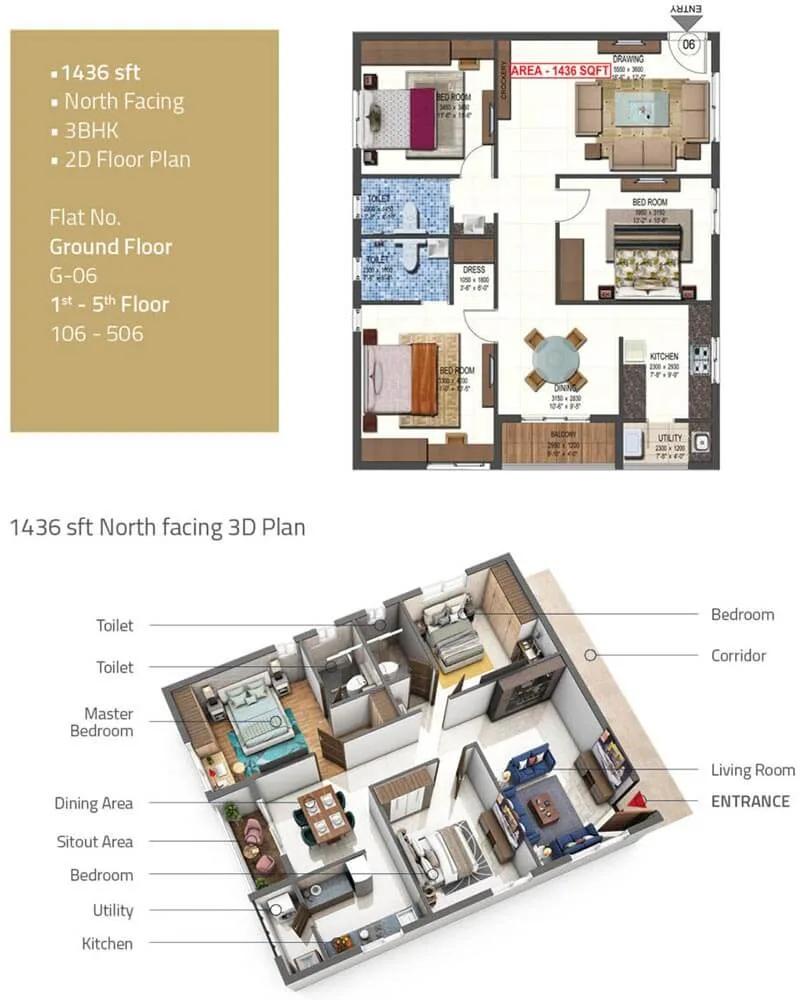 PVR Kshetra 3 BHK floor plan, about 1,436 sq ft
