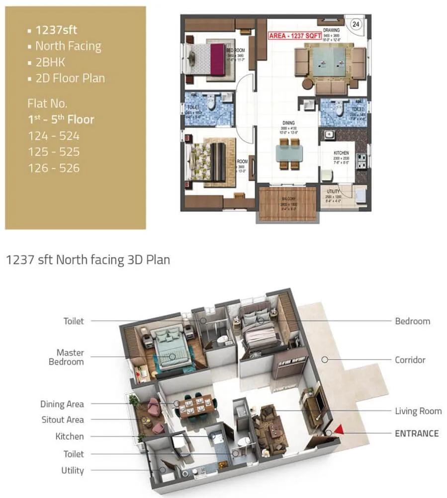 PVR Kshetra 2 BHK floor plan, about 1,237 sq ft