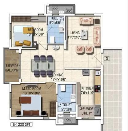 Salarpuria Sattva Magnus 2 BHK floor plan, about 1,200 sq ft