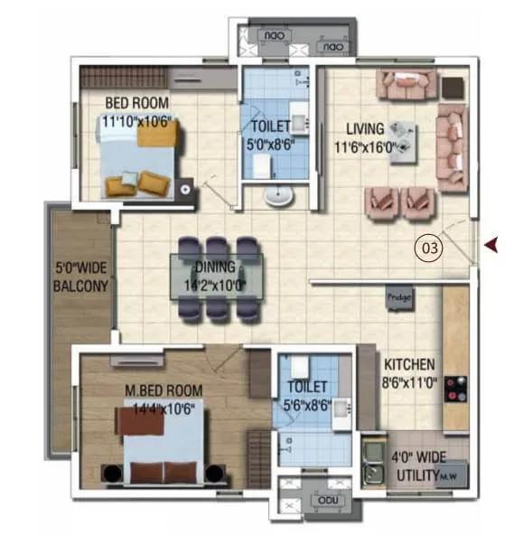Salarpuria Sattva Magnus 2 BHK floor plan, about 1,280 sq ft
