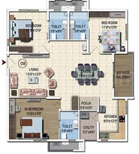 Salarpuria Sattva Magnus 3 BHK floor plan, about 1,865 sq ft