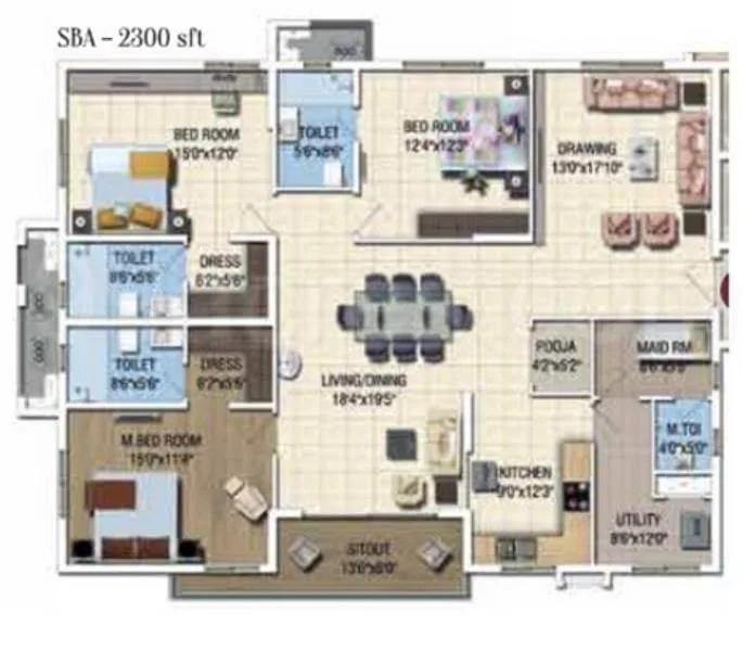 Salarpuria Sattva Magnus 3 BHK floor plan, about 2,300 sq ft