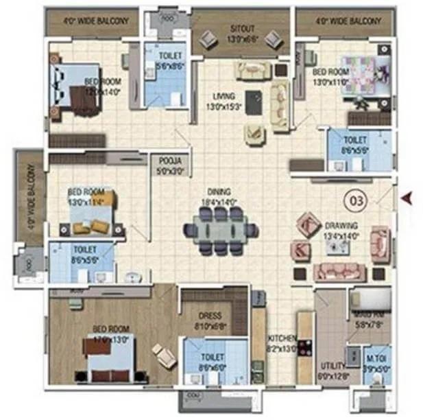 Salarpuria Sattva Magnus 4 BHK floor plan, about 2,965 sq ft